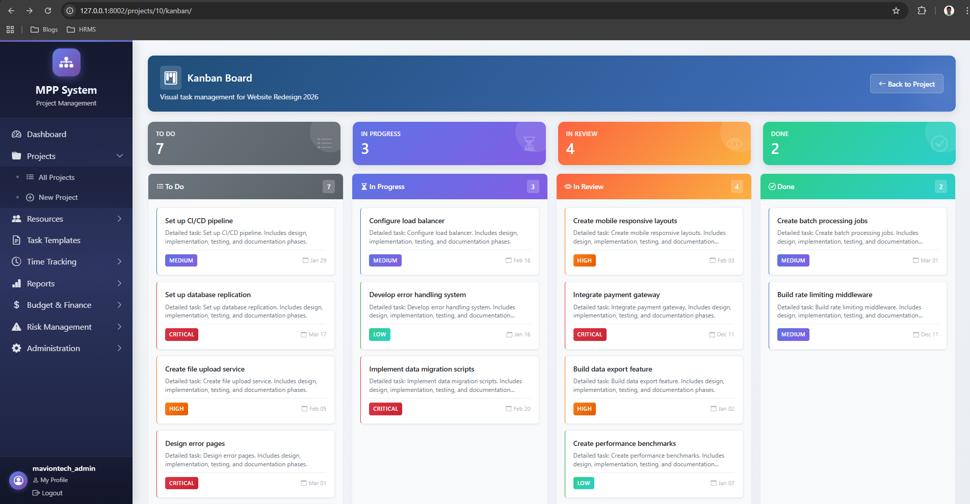 Project Management Planning (MPP) System screenshot